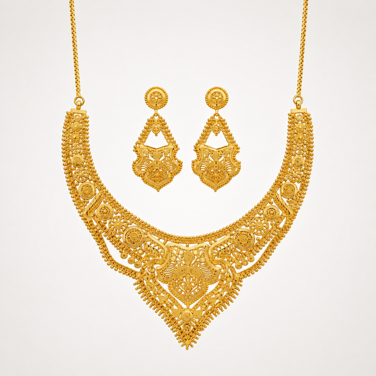 Conjunto Dubai em Ouro 22K – Gargantilha e Brincos em Filigrana