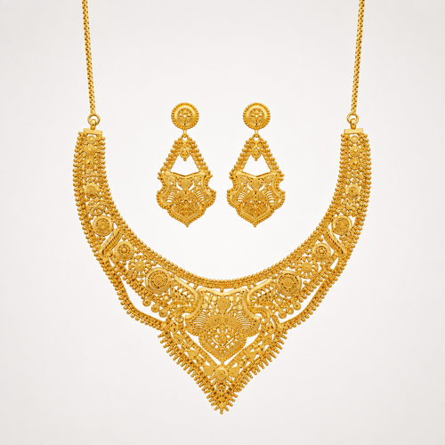 Conjunto Dubai em Ouro 22K – Gargantilha e Brincos em Filigrana